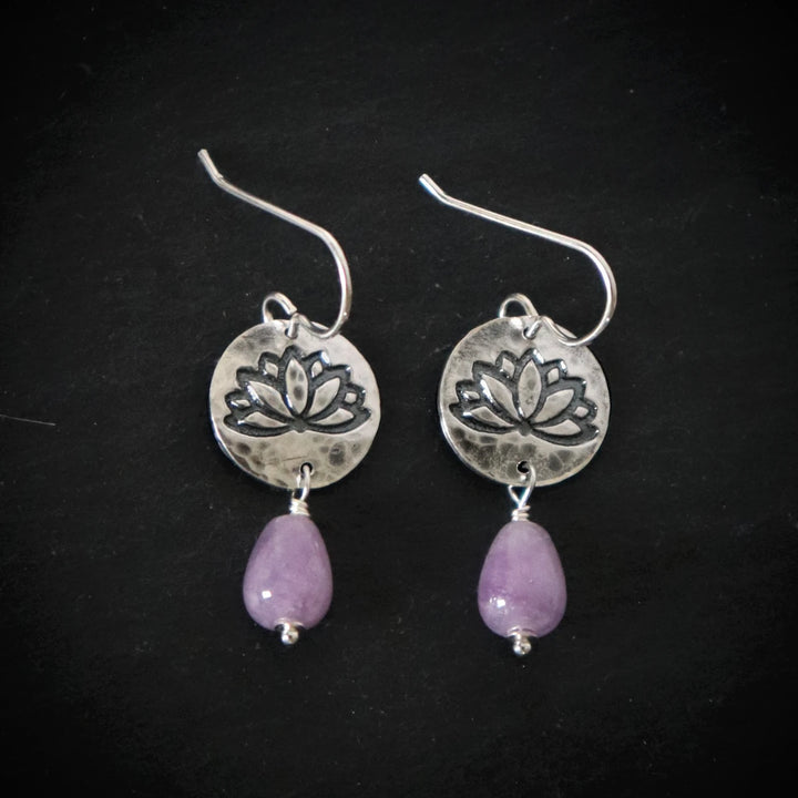 Boho Silver Lotus and Lavender Amethyst Earrings on Black Background