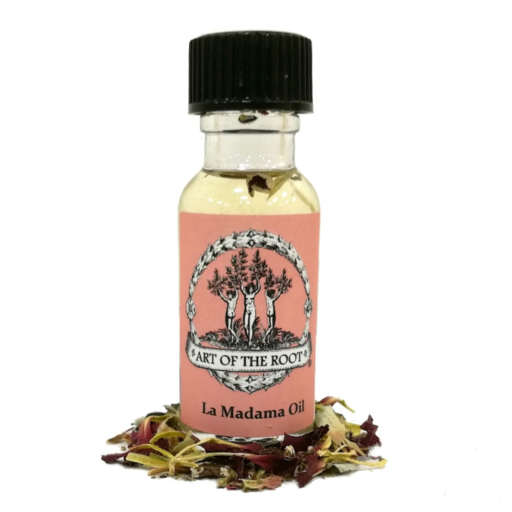A bottle of handmade La Madama Oil by Art of the Root. Use it in magick rituals today.