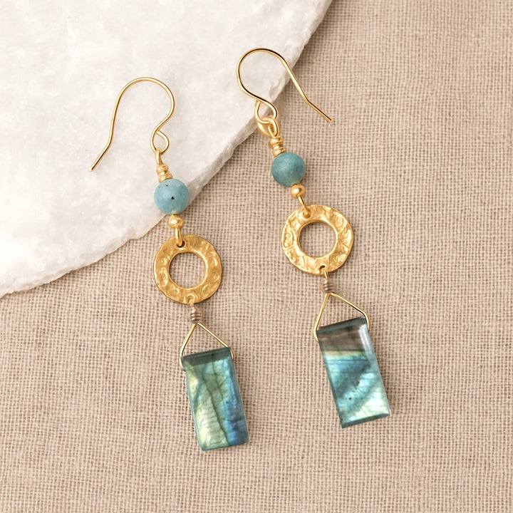 Boho Labradorite Kyanite Dangle Earrings on Linen Background