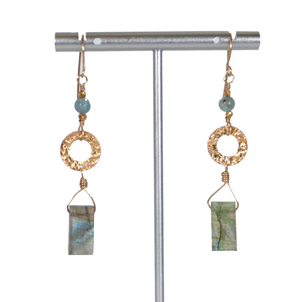 Handmade Labradorite Kyanite Earrings with Hammered Gold Links