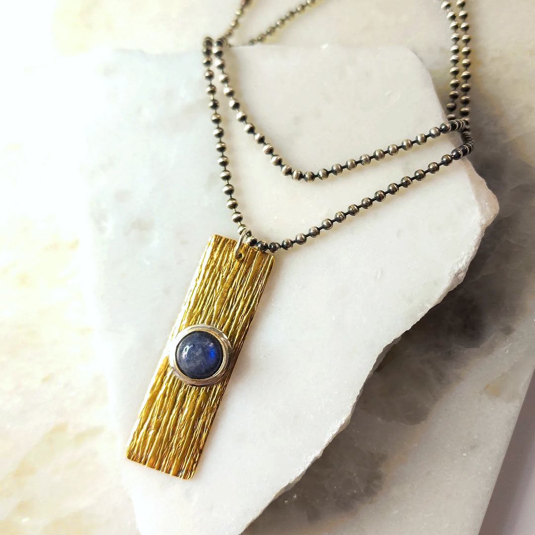 Labradorite Gemstone Necklace with Textured Bronze Pendant & Sterling Ball Chain