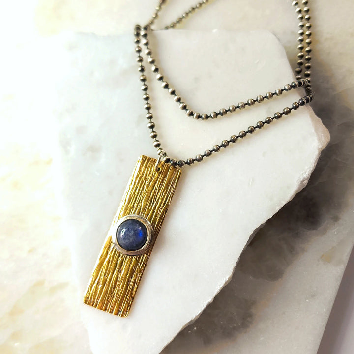 Labradorite Gemstone Necklace with Textured Bronze Pendant & Sterling Ball Chain