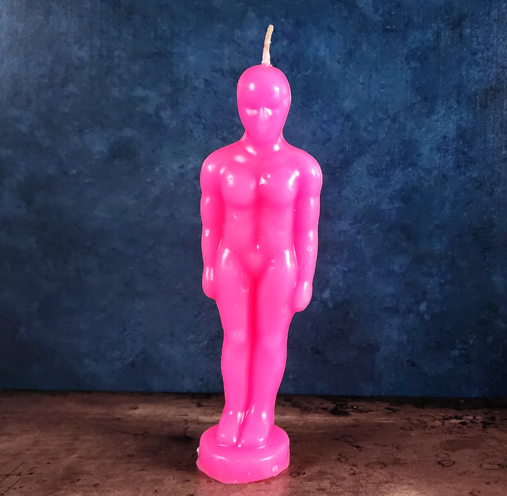 A pink man candle for love spells, attraction magic & self-love rituals from Art of the Root.