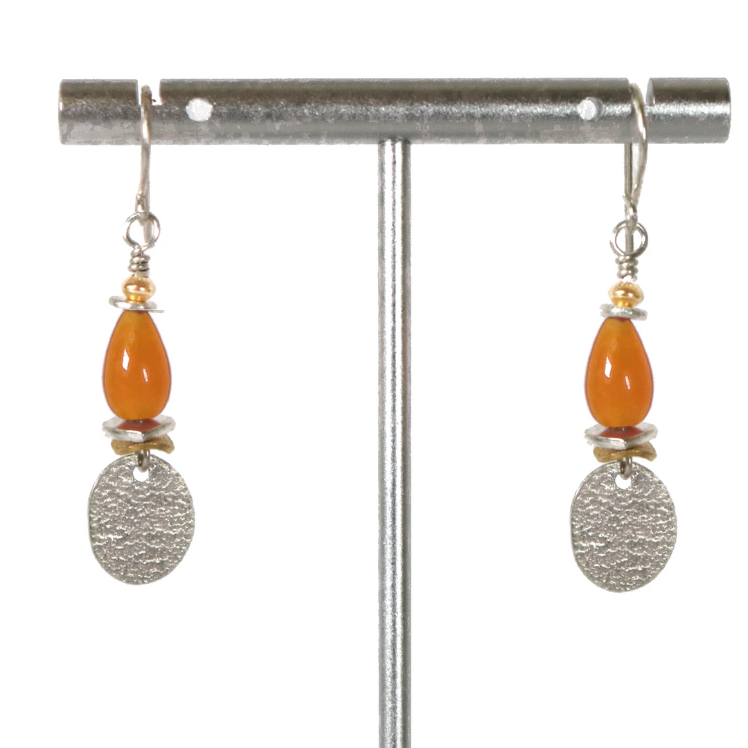 Orange Jade  Gemstone Earrings with  Silver Dangle Oval Drop Discs