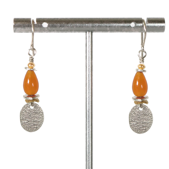 Orange Jade  Gemstone Earrings with  Silver Dangle Oval Drop Discs