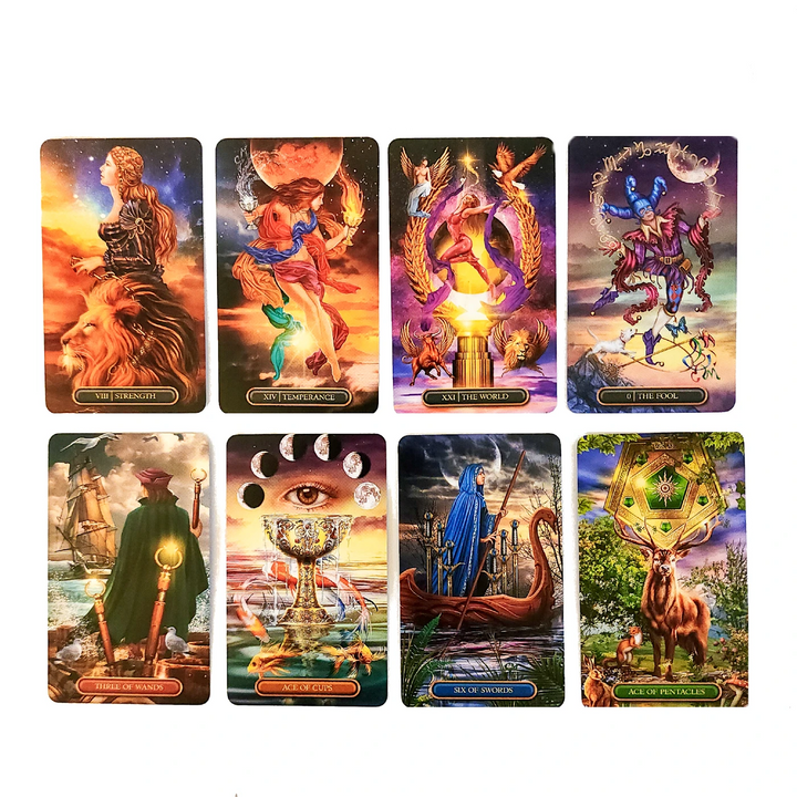 Various cards from The Gilded Tarot Royale tarot deck including The Fool and Strength cards.