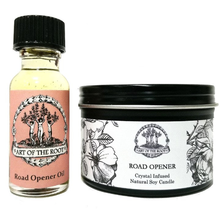Road Opener Mini Spell Set with a 4 oz Crystal Infused Candle & 1/2 oz Conjure Oil - Art of the Root