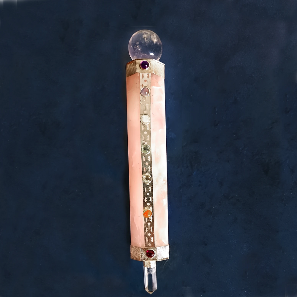 Unique Rose Quartz Crystal Chakra Wand with chakra gemstones, available at Art of the Root.