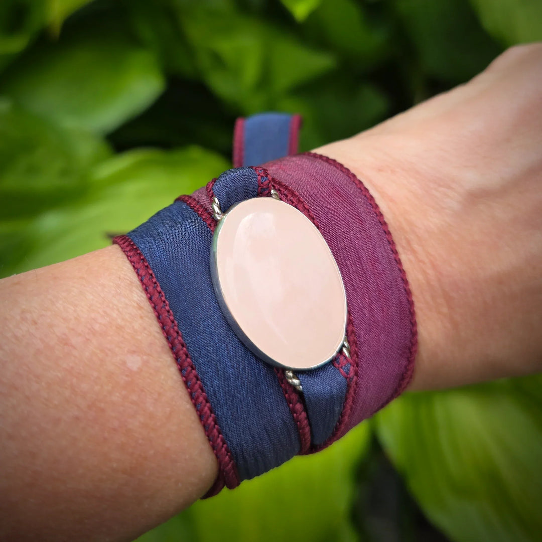 Rose Quartz Bracelet with Sterling Silver Bezel on Dyed Silk Ribbon on Wrist