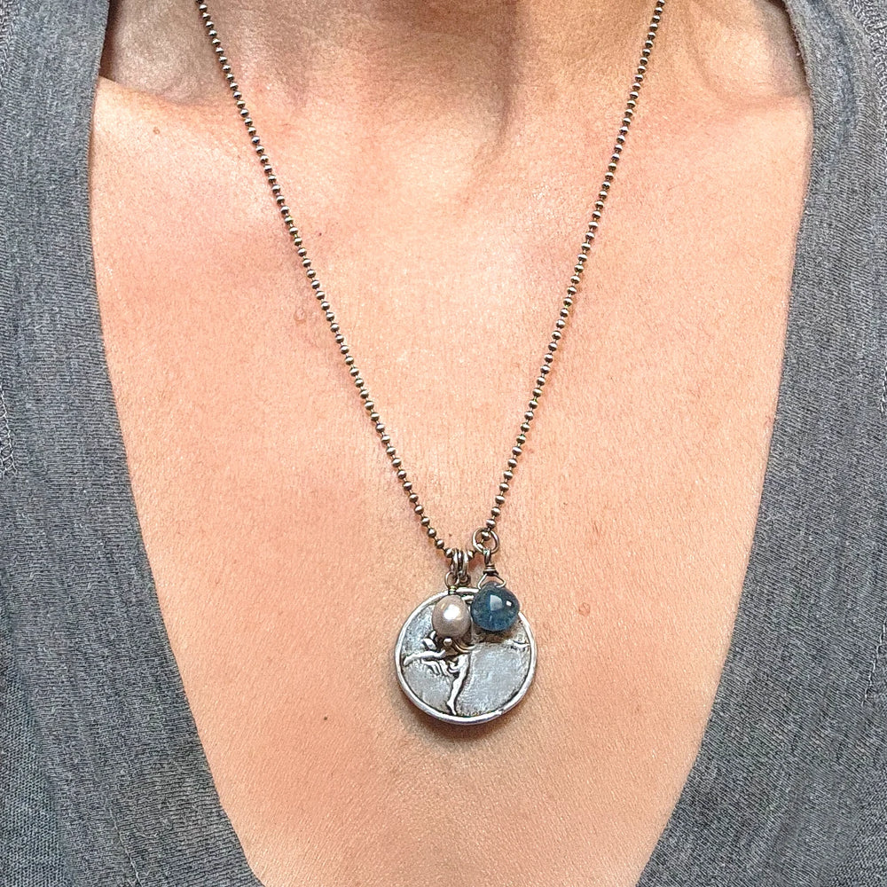 Saint Raphael Silver Pendant with Pearl and Kyanite on Sterling Chain - Elegant Spiritual Jewelry