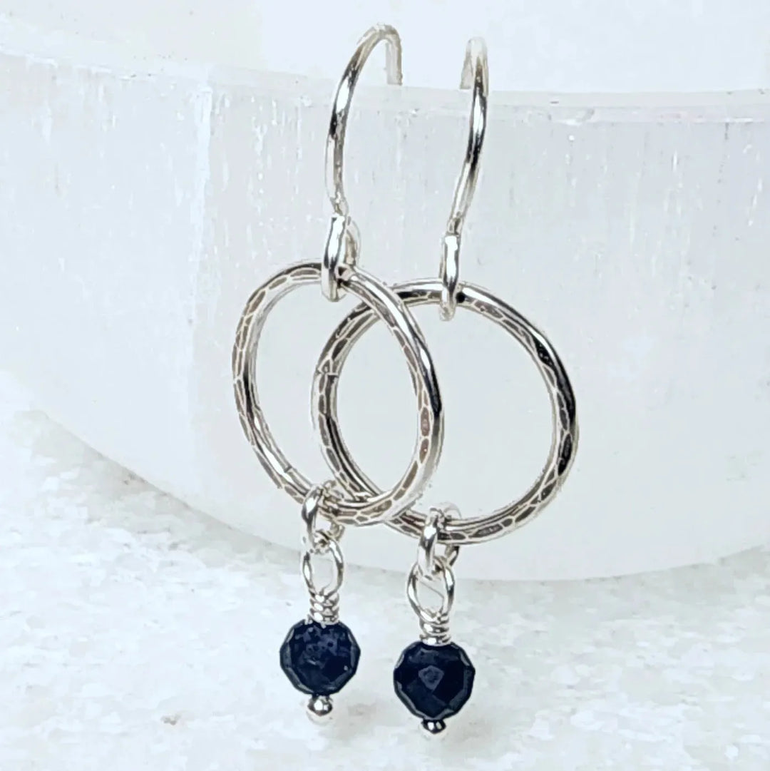 Blue Sapphire Gemstone Earrings in Hammered Sterling Silver – Wisdom and Protection Jewelry