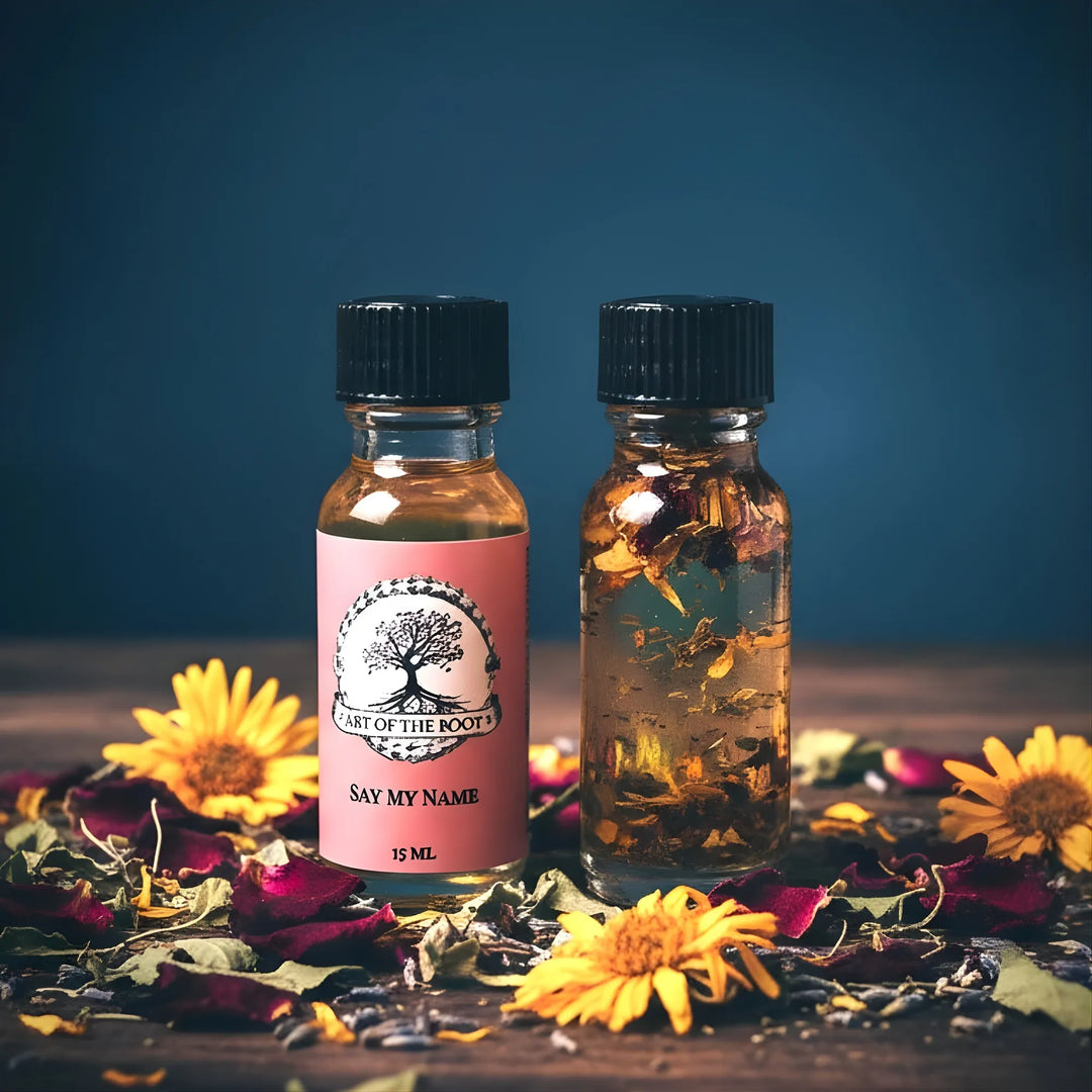 Say My Name Oil Set by Art of the Root – Handcrafted Love, Confidence, and Attraction Oil Surrounded by Dried Flowers and Herbs