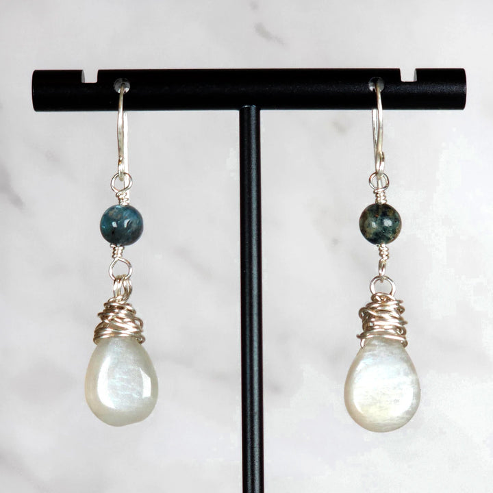 Gold & Silver Moonstone Kyanite Drop Earrings - Intuition & Balance