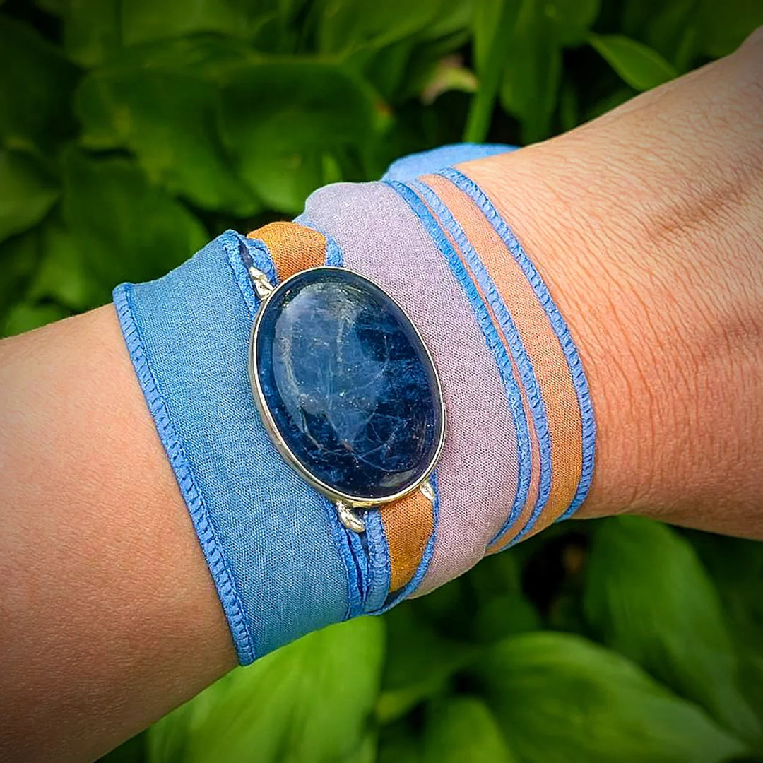 Sodalite gemstone silk wrap bracelet on wrist