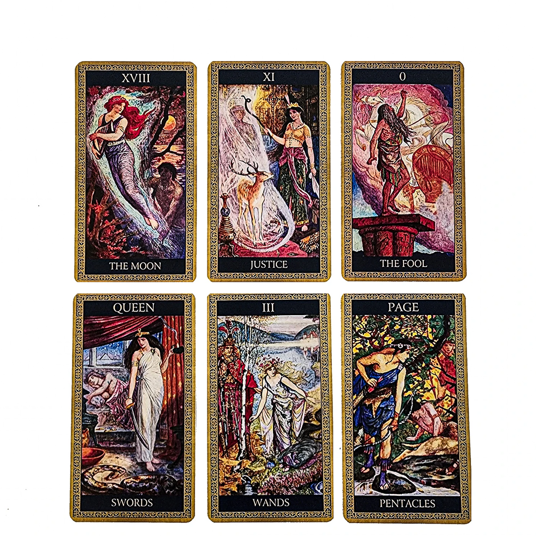 A collection of Tarot of Tales and Legends cards, showcasing the deck’s vibrant and myth-inspired artwork across both Major and Minor Arcana.