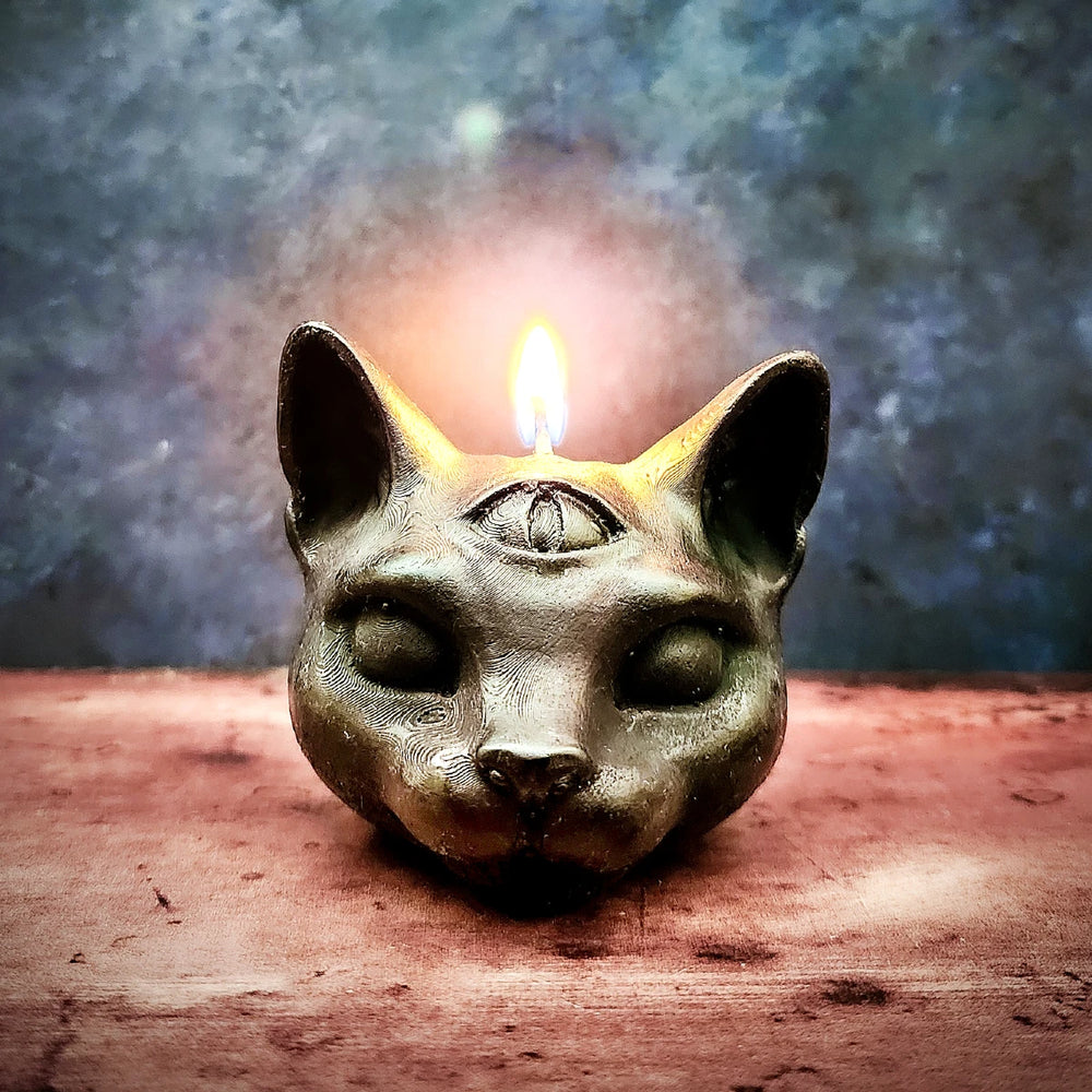 Black Cat Candle with Third Eye Design for Spells and Rituals