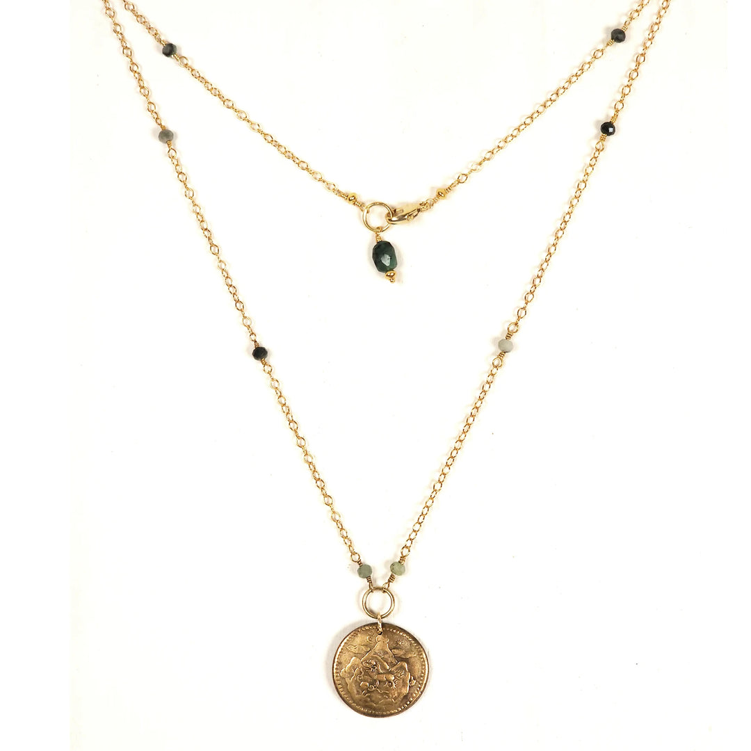 Double-wrapped, Tibetan Coin Amulet Necklace With Burma Jade and Emerald Crystals