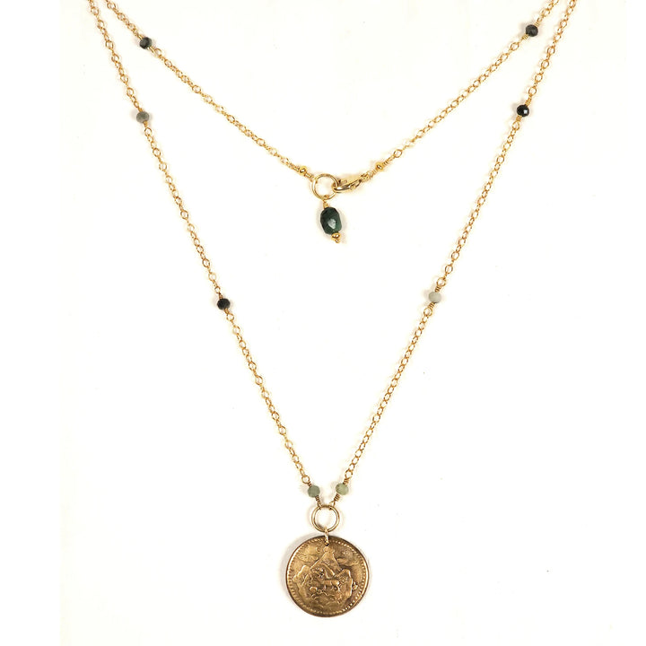 Double-wrapped, Tibetan Coin Amulet Necklace With Burma Jade and Emerald Crystals