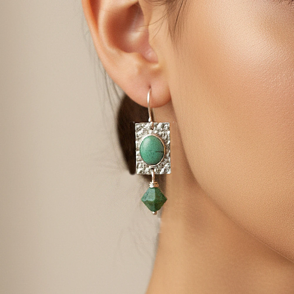 Turquoise and Silver Dangle Earring on Model – Handmade Gemstone Jewelry