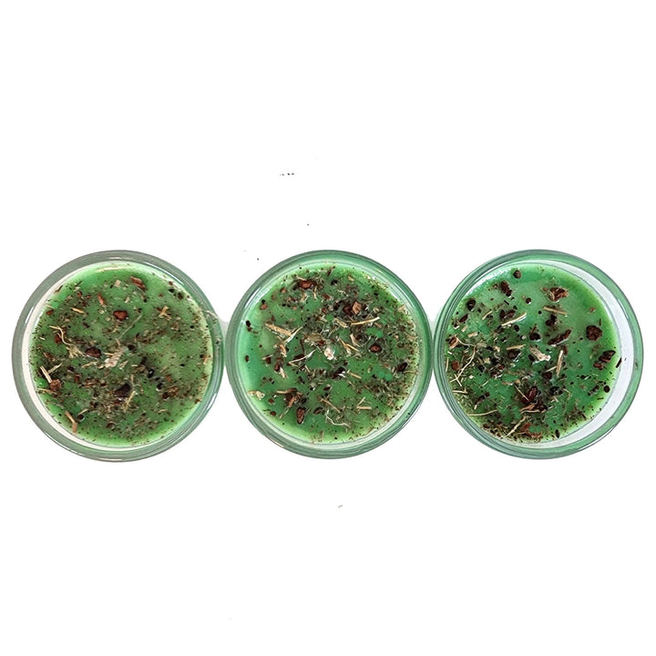 Top View of Money Votive Candles with Herbs and Essential Oils.