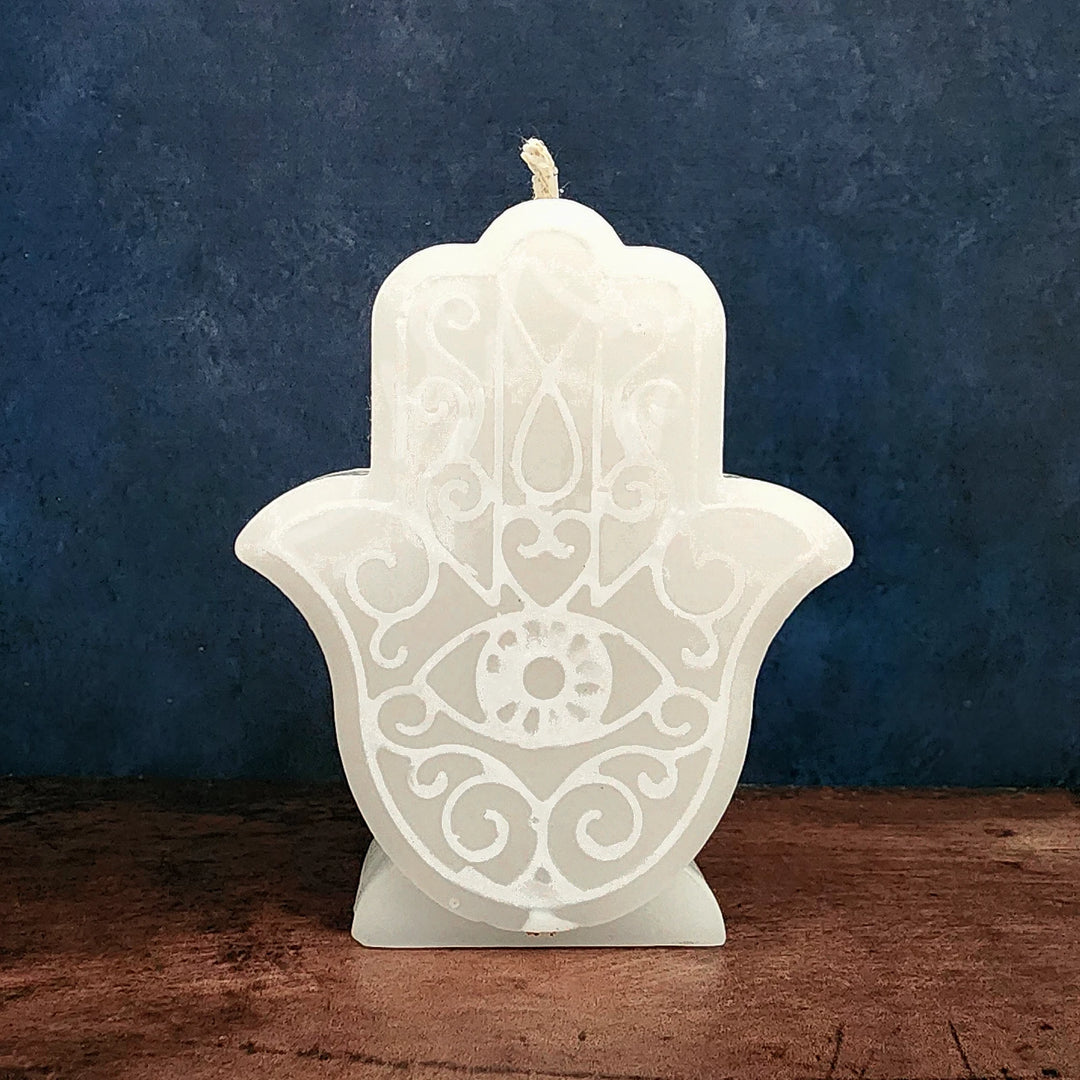 White Hamsa Candle for Protection, Blessings and Healing.