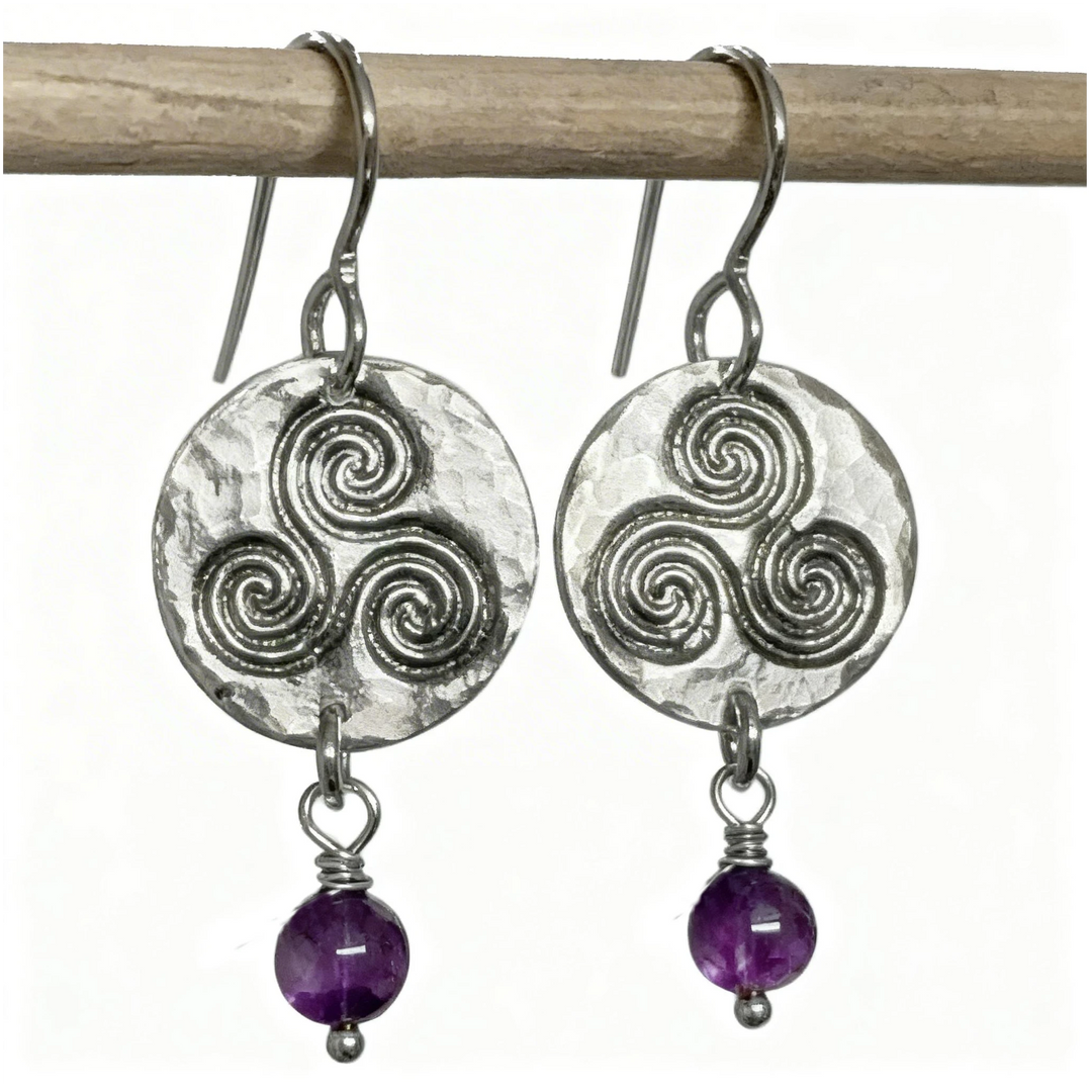 Triskele fine silver earrings with amethyst bead drop and hammered disc detail