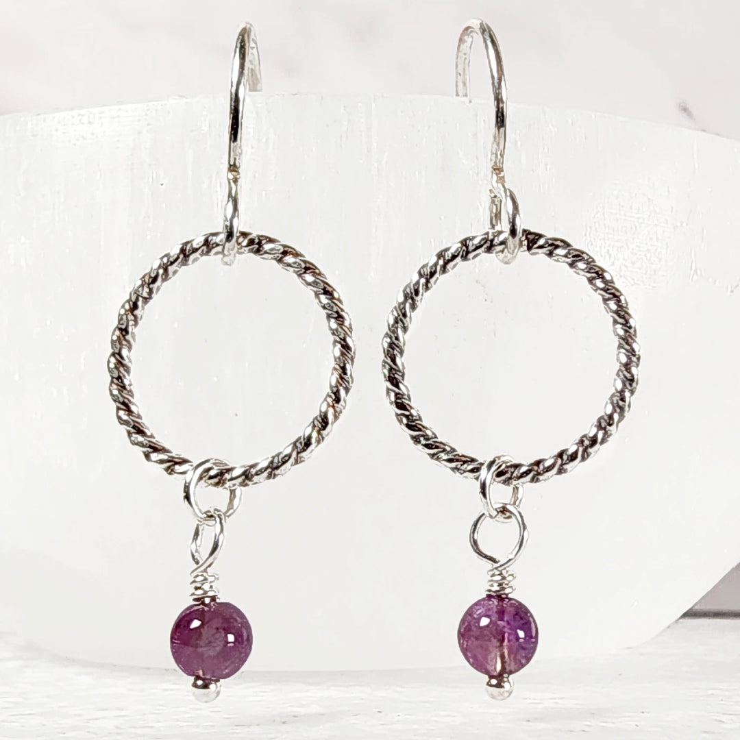 Handmade Twisted Silver Hoop Earrings with Natural Amethyst Crystal