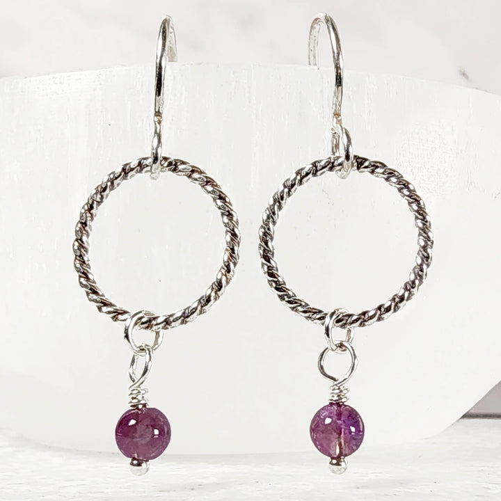 Handmade Twisted Silver Hoop Earrings with Natural Amethyst Crystal