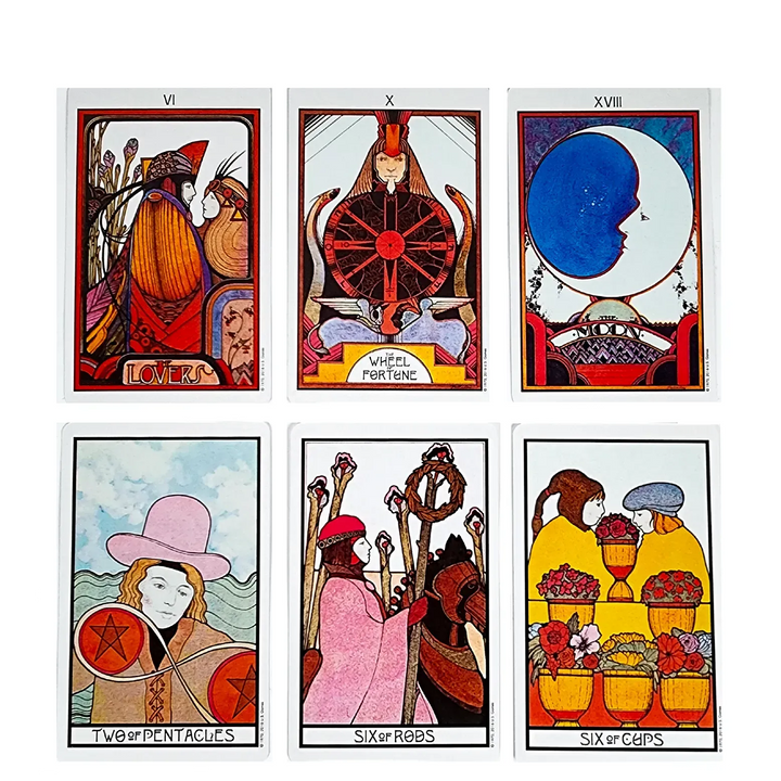 Artwork from the Aquarian Tarot Deck by David Palladini. See the bright, Art Deco illustrations.