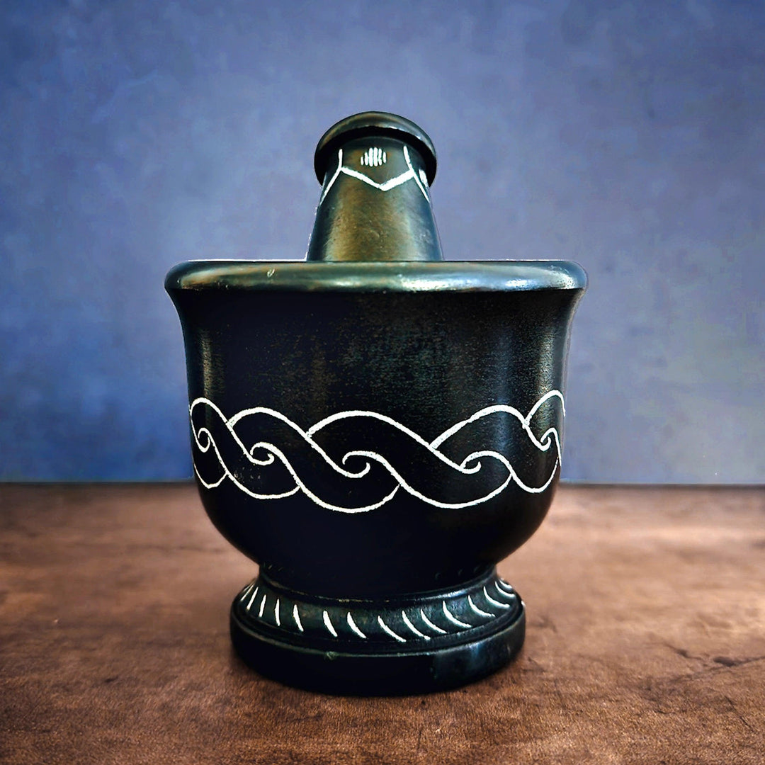 Black Soap Stone Mortar Pestle with Celtic Knot Design - Art Of The Root