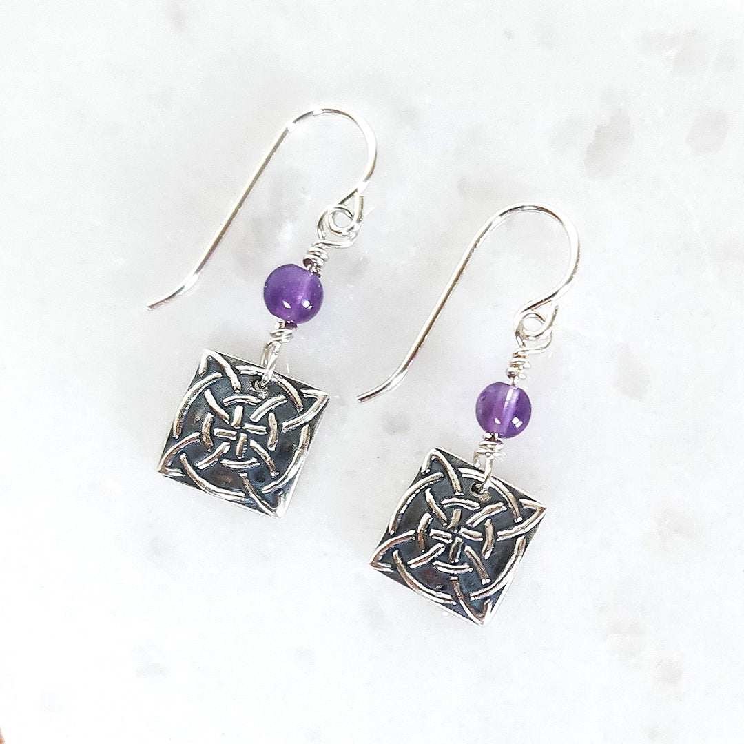 Handmade Celtic Protection Knot Earrings with Amethyst or Carnelian Stones