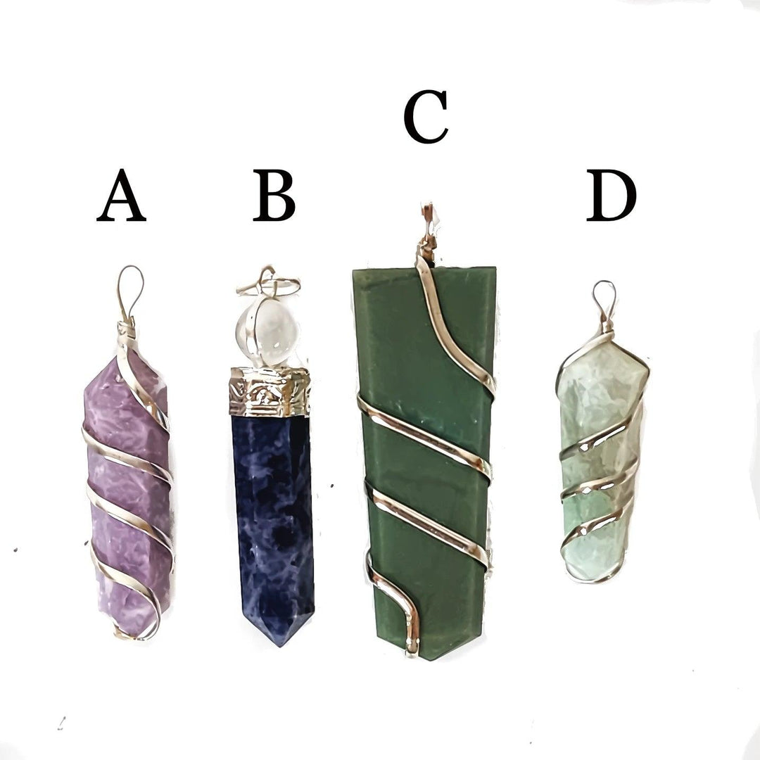 Four various gemstone pendants wire-wrapped in stainless steel from Art of the Root.