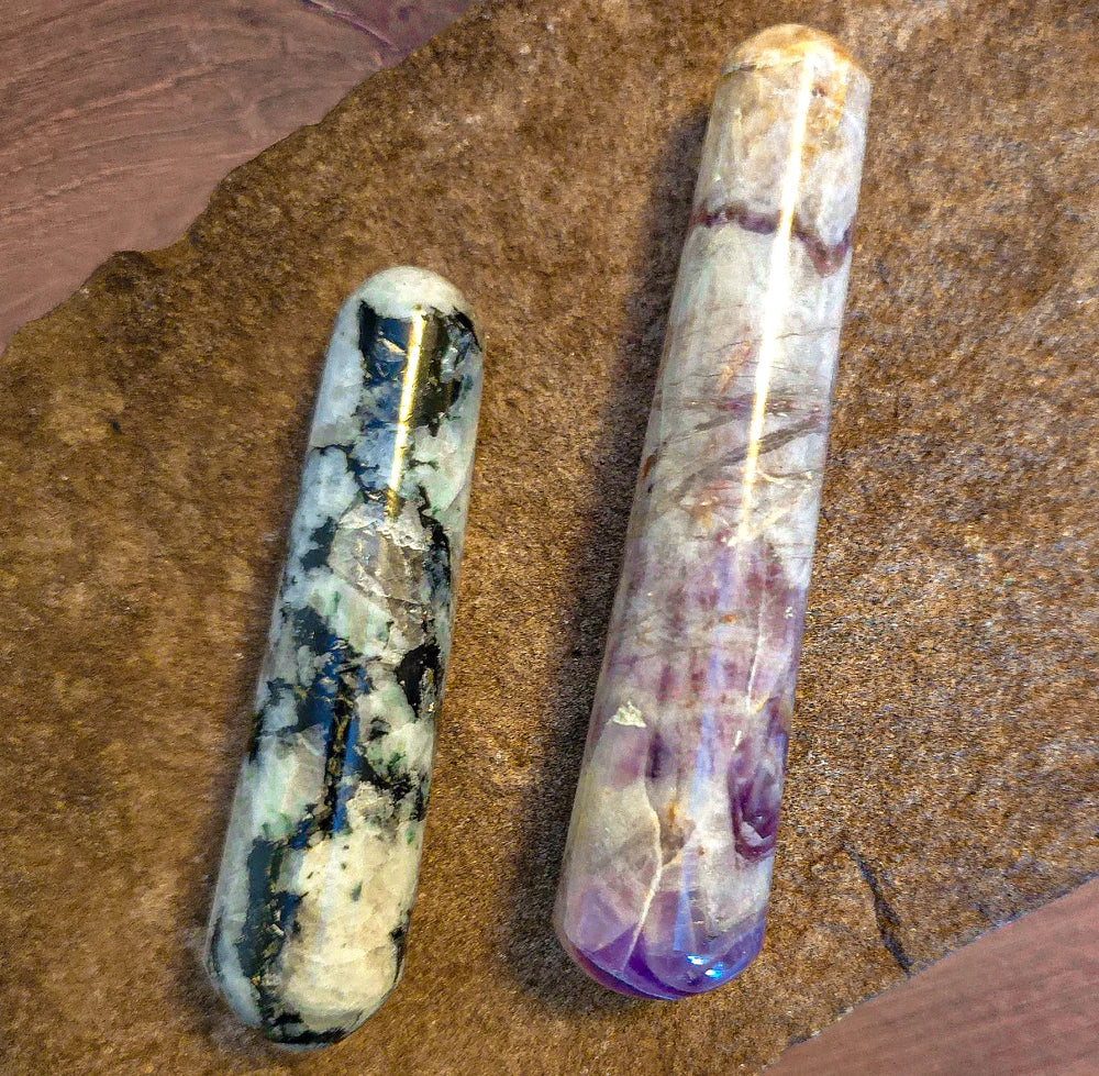 Rainbow Moonstone and Amethyst Crystal Wands for Energy Healing and Spiritual Rituals