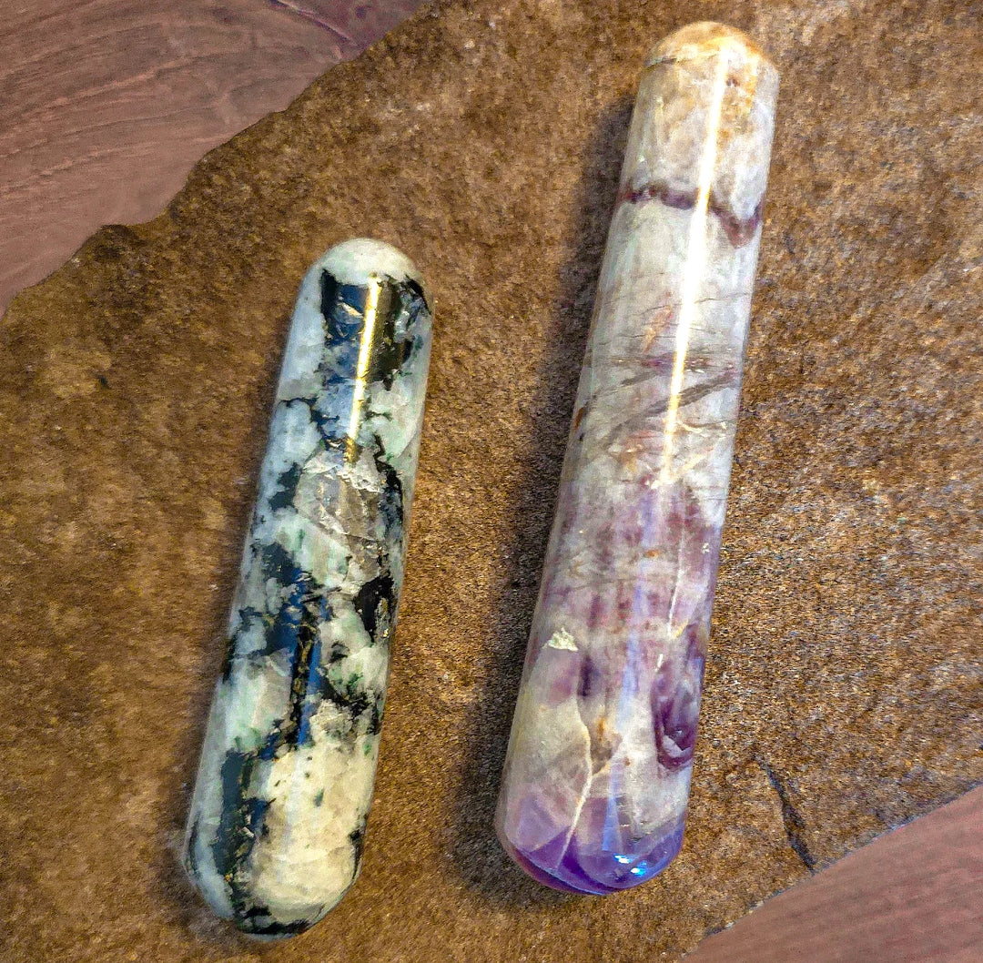 Rainbow Moonstone and Amethyst Crystal Wands for Energy Healing and Spiritual Rituals
