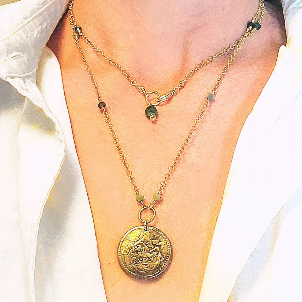 Tibetan Snow Lion Coin Amulet Necklace: Gold-Filled with Burma Jade & Emerald