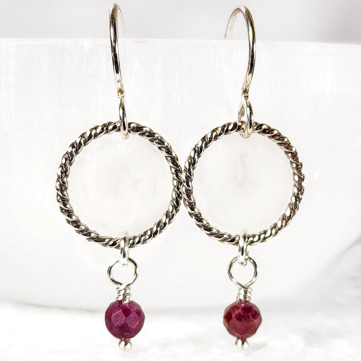 Minimalist Silver Hoop Earrings with Faceted  Ruby Gemstone Bead