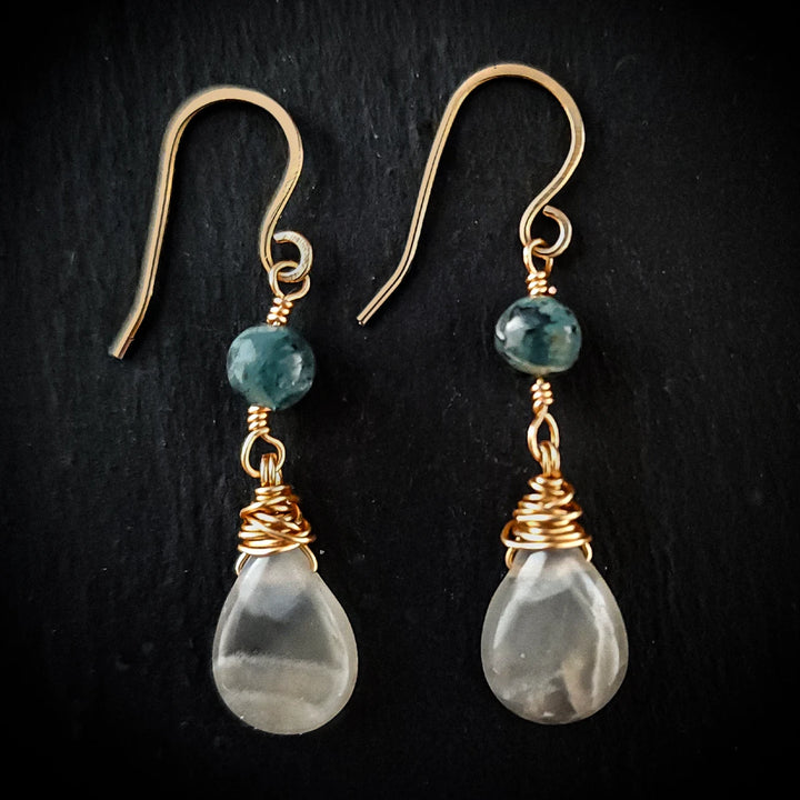 Moonstone Kyanite Drop Earrings in Gold or Silver: Intuition and Clarity