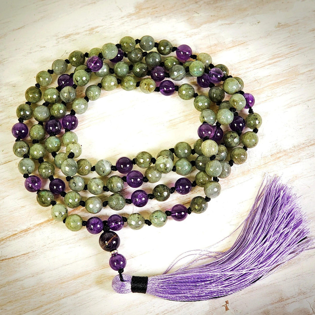 Green Quartz and Amethyst Mala Beads for Love, Healing, Prosperity - Art Of The Root