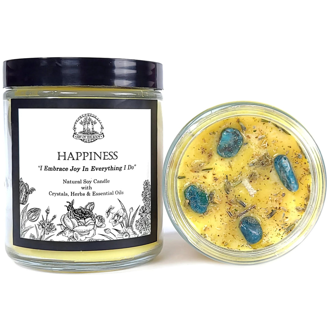 Art of the Root's Soy Happiness Affirmation Candle to boost happiness with crystals and herbs.