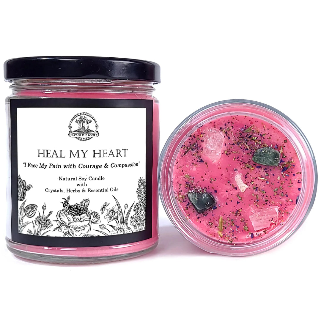 Heal My Heart Soy Affirmation Candle With Crystals for Letting Go, Grief & Loss - Art Of The Root