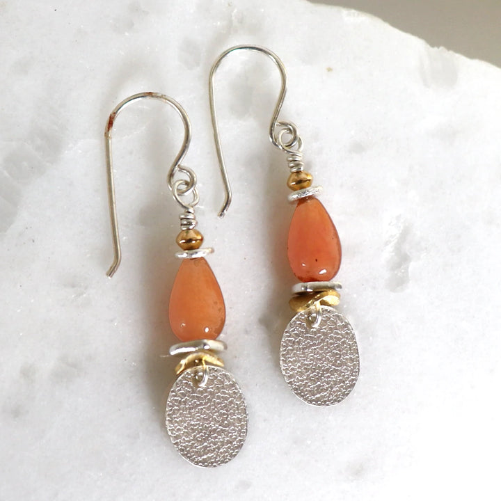 Silver Dangle Earrings with Green Quartz or Orange Jade Stones
