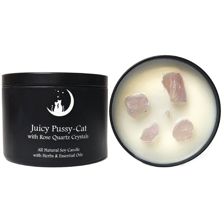 A Juicy Pussy-Cat Candle with rose quartz crystals. Try this all-natural soy wax seduction candle.