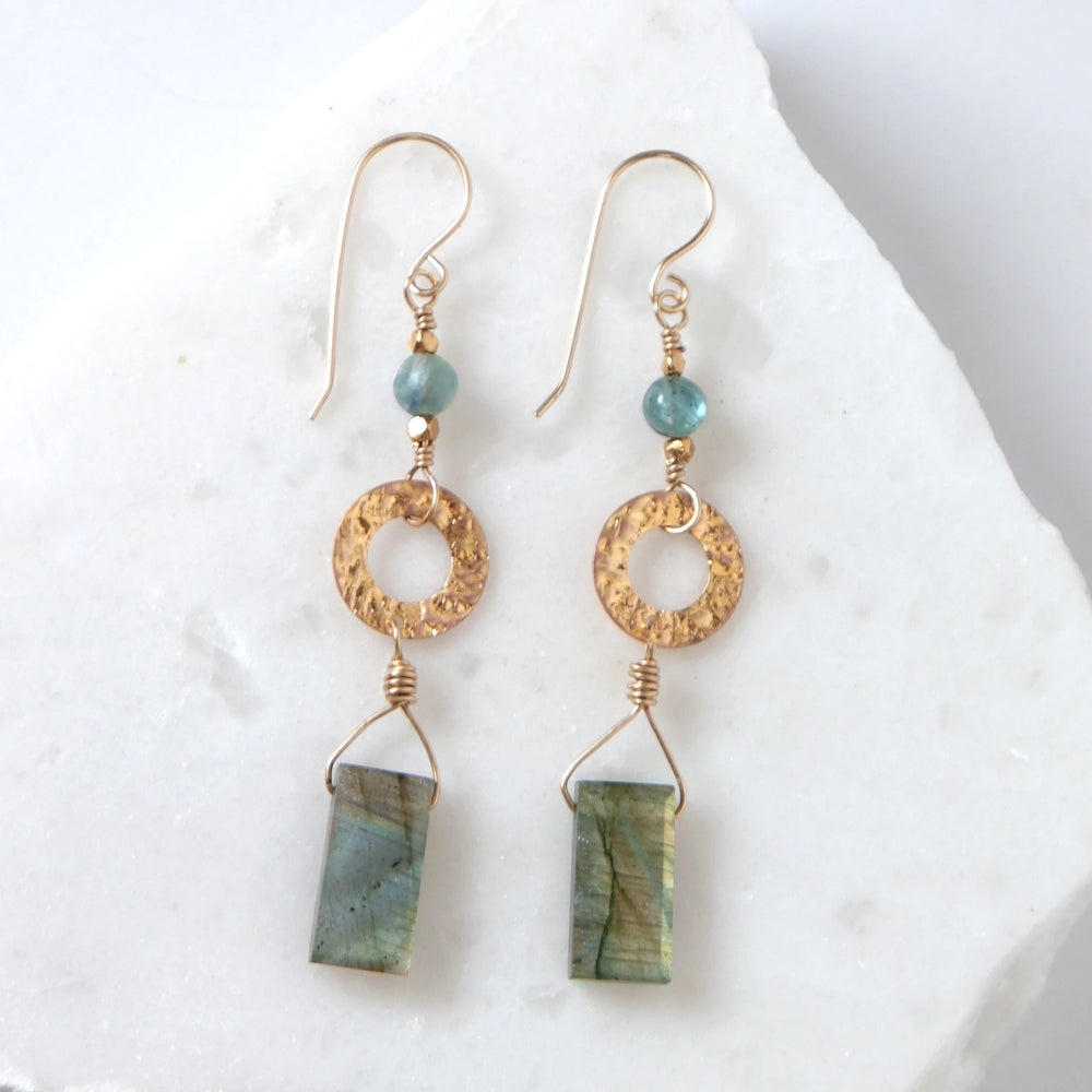 Labradorite and Kyanite Gold Filled Earrings on White Quartz