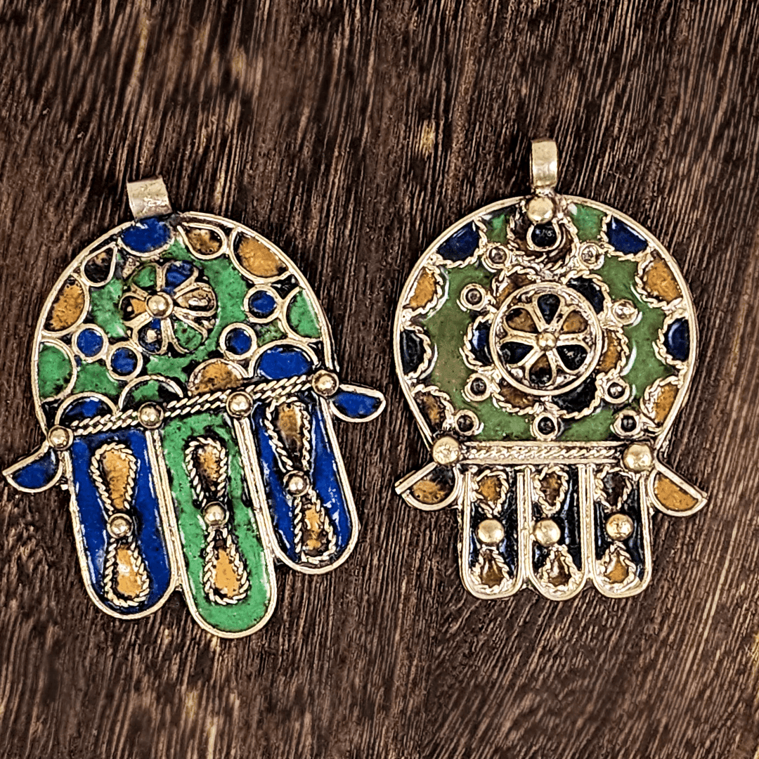 Large Vintage Enamel and White Metal Hamsa Amulets - Art Of The Root