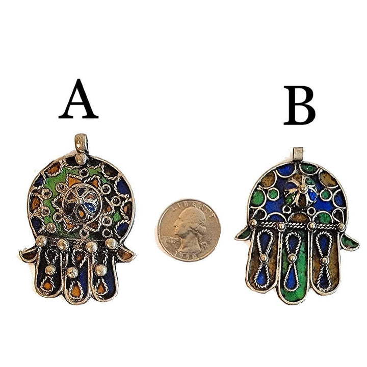 Large Vintage Enamel and White Metal Hamsa Amulets - Art Of The Root