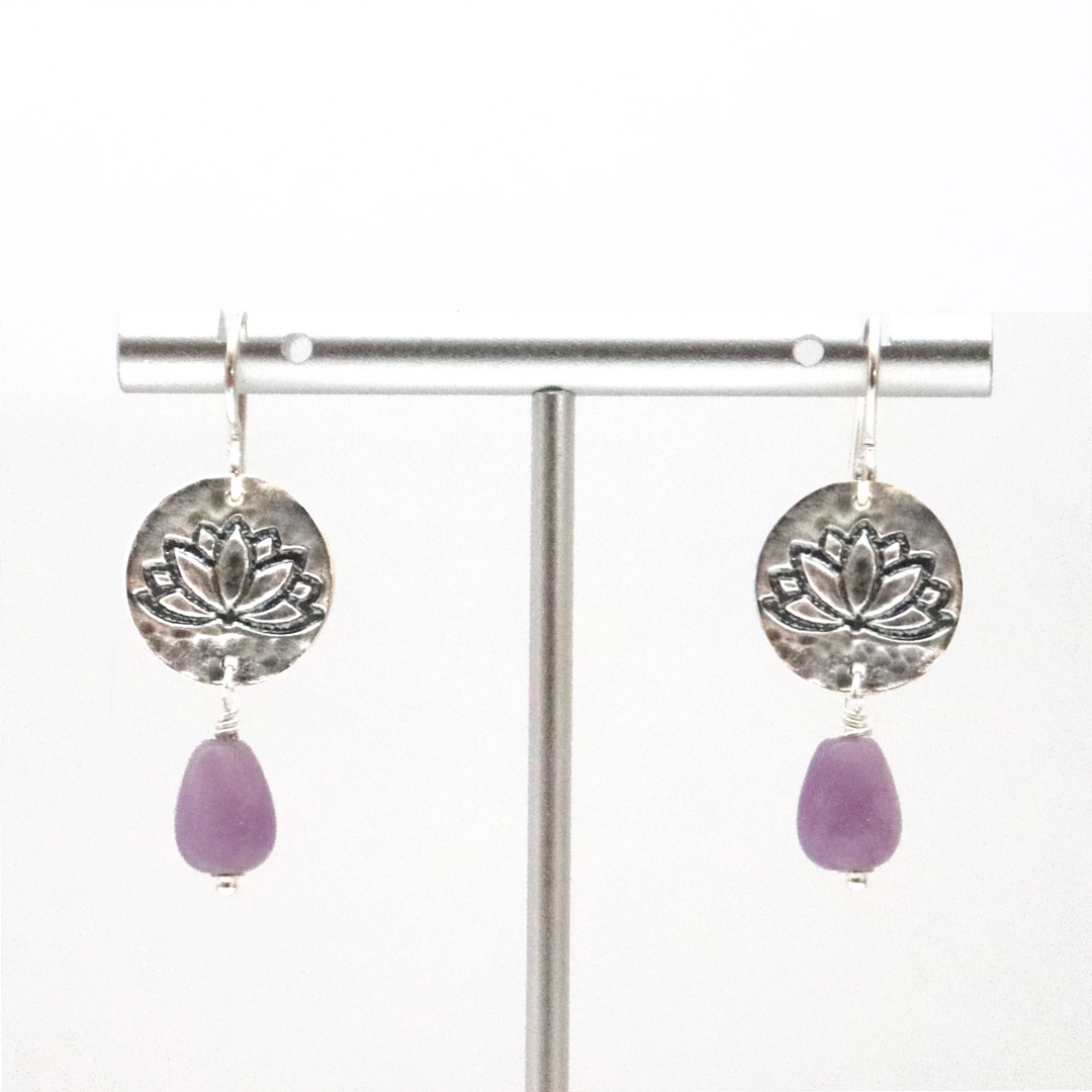 Silver Lotus Earrings with Lavender Amethyst on Stand