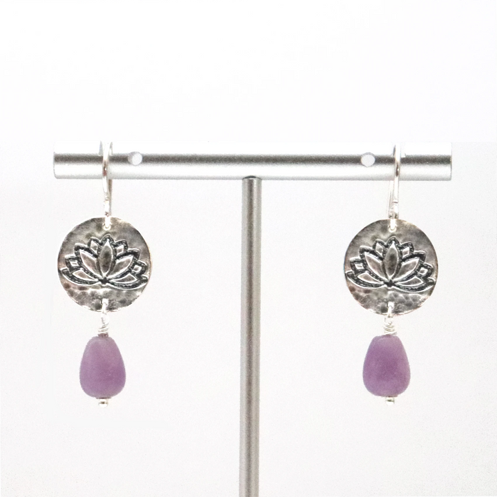 Silver Lotus Earrings with Lavender Amethyst on Stand