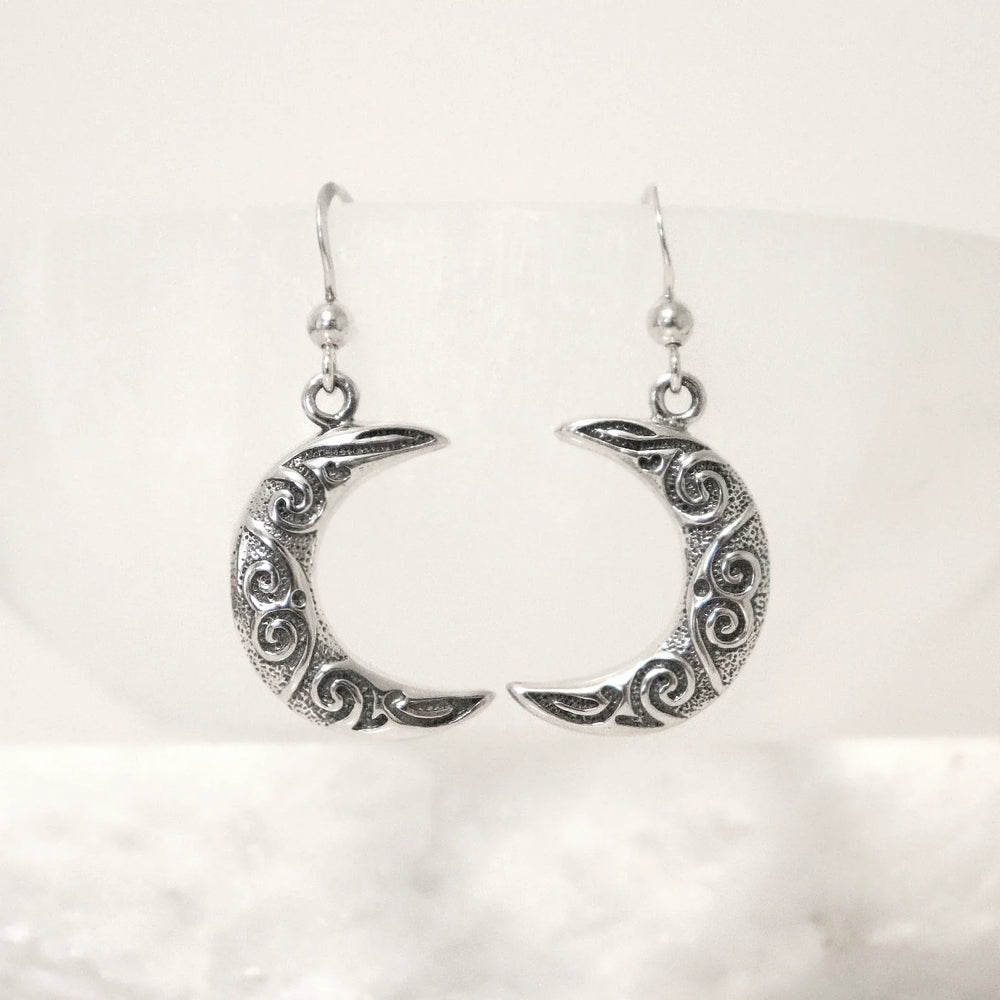 Sterling Silver Crescent Moon Earrings with Scrollwork Detail