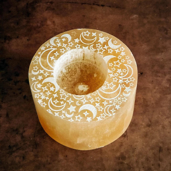 Orange Selenite Engraved Candle Holder - Moon & Stars - Art Of The Root