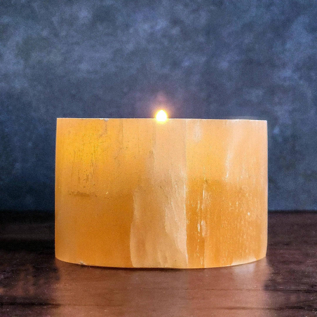 Orange Selenite Engraved Candle Holder - Moon & Stars - Art Of The Root